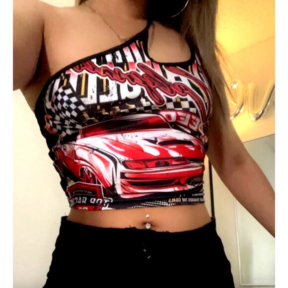 New Medium Red Grunge Motorsport Graphic Racing Car Crop One shoulder Strappy - Picture 3 of 9